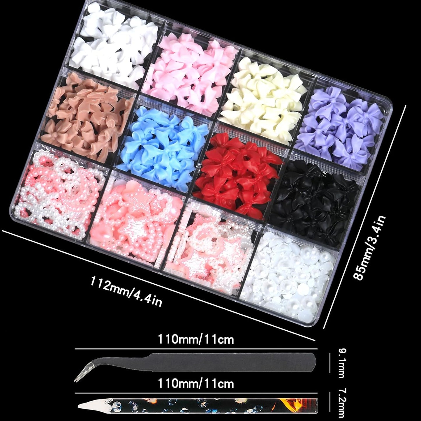 HNUIX 3D Nail Charms and Flatback Pearls - Pink & White Heart, Moon, Bow, Hollow Bow Star Pearls; 50 Pieces Gemstone Nail Rhinestones Set with Tweezers and Pickup Tools