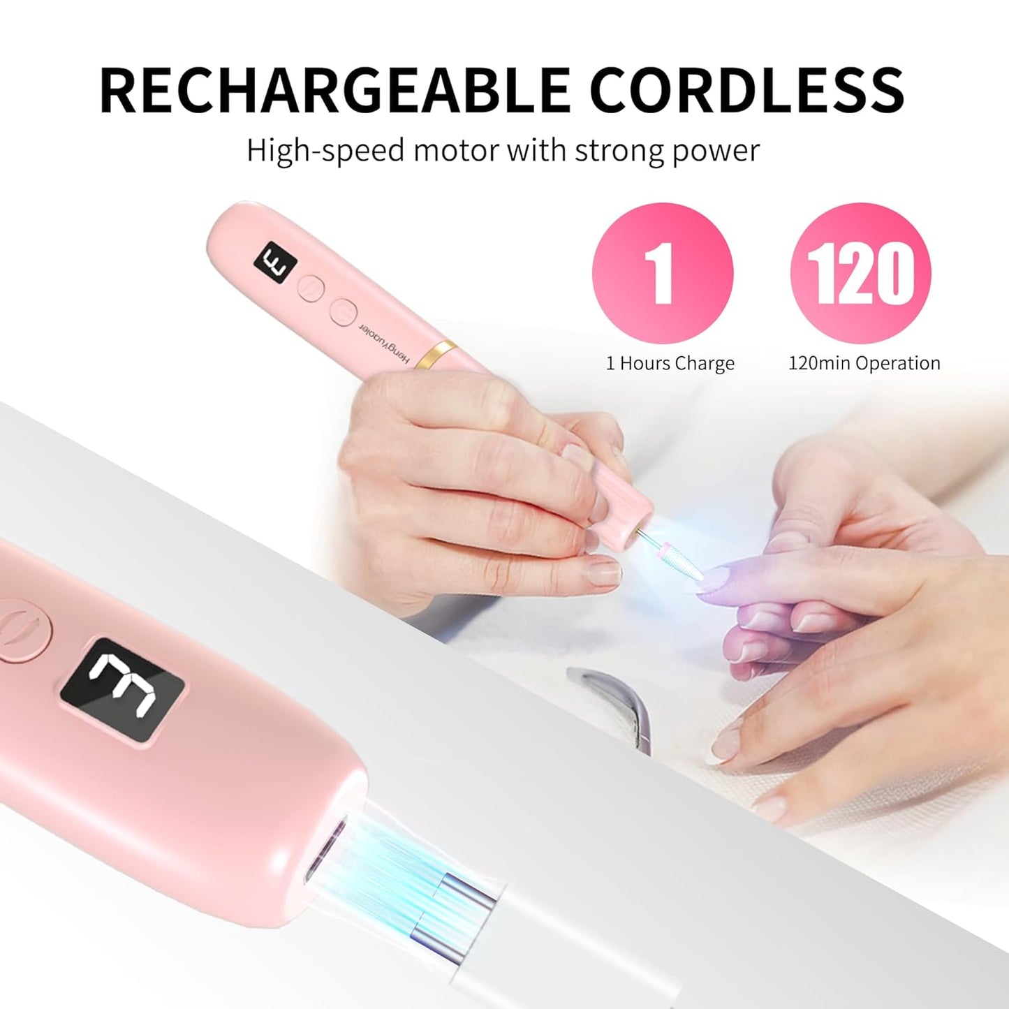 Electric Nail Drill Machine File Efile Set for Acrylic Gel Nails Portable Nail Drill Machine Kit Rechargeable Pedicure Tools for Hand Feet Manicure Pedicure Tools Polishing Set (Pink)