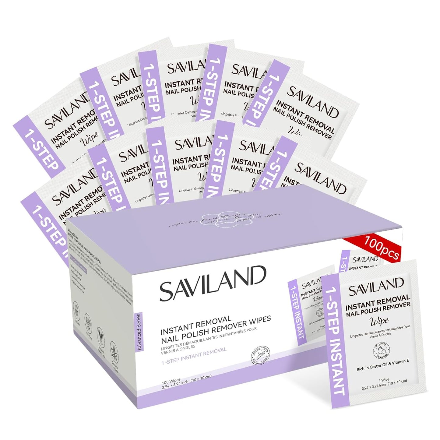 SAVILAND Advanced Nail Polish Remover Pads: 100 PCS Acetone Nail Polish Remover Wipes Super-sized 1-Step Instant Removal For Nails Pad Non-Irritant Individually Wrapped Pads For Salon Use