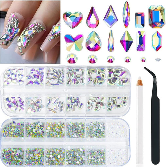 2680Pcs AB Nail Rhinestones, Big Colorful AB Nail Charms, Diamond Gems Stones with 2560Pcs AB Flatback Round Beads, Clear Acrylic Colored Glass Jewelry for Nails Faces Eyes Makeup Decoration