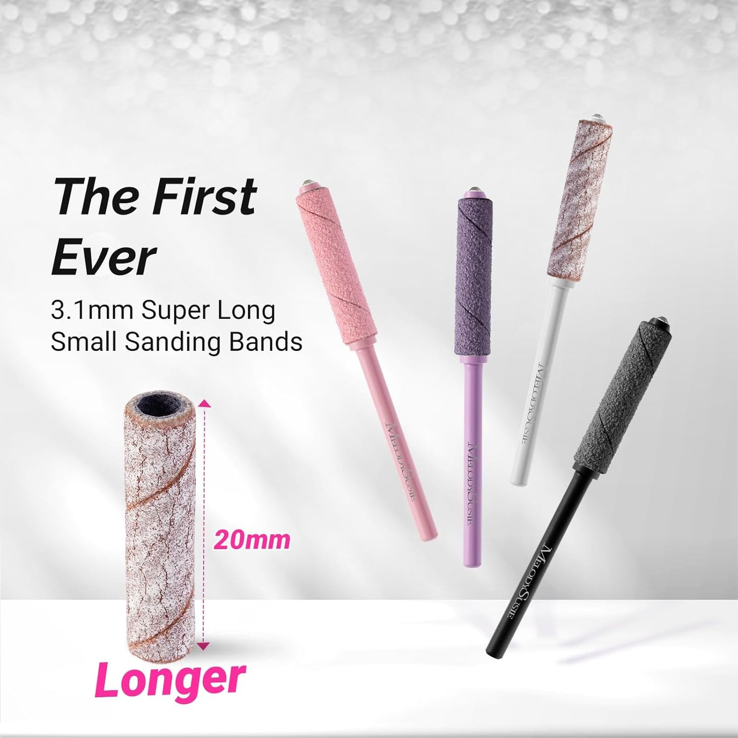 MelodySusie 50 Pcs Nail Drill Bits Super Long Small Sanding Bands with 3.1mm Crystal Mandrel Bit, 180 Fine Grit Nail File for Acrylic Nails Gel Manicures and Pedicure, Zebra