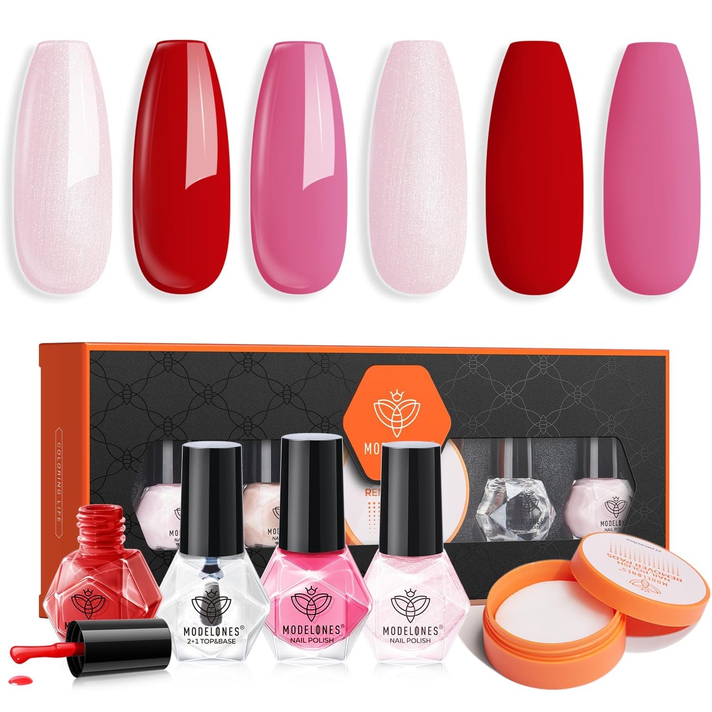 Modelones Nail Polish Set with 42 Pcs Remover Pads, 3 Colors Pink Tones Nail Glitter Polish with Top and Base Coat &Finger Nail Polish Bulk Manicure DIY 2025 Gifts for Women Nail Art Salon Home