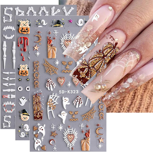 5D Embossed Halloween Nail Stickers for Nail Art Cute Ghost Nail Art Stickers Self-Adhesive Pegatinas Uñas Bear Pumpkin Fall Glitter Designs Spooky Skeleton Nail Decals Supplies for Nail Decoration