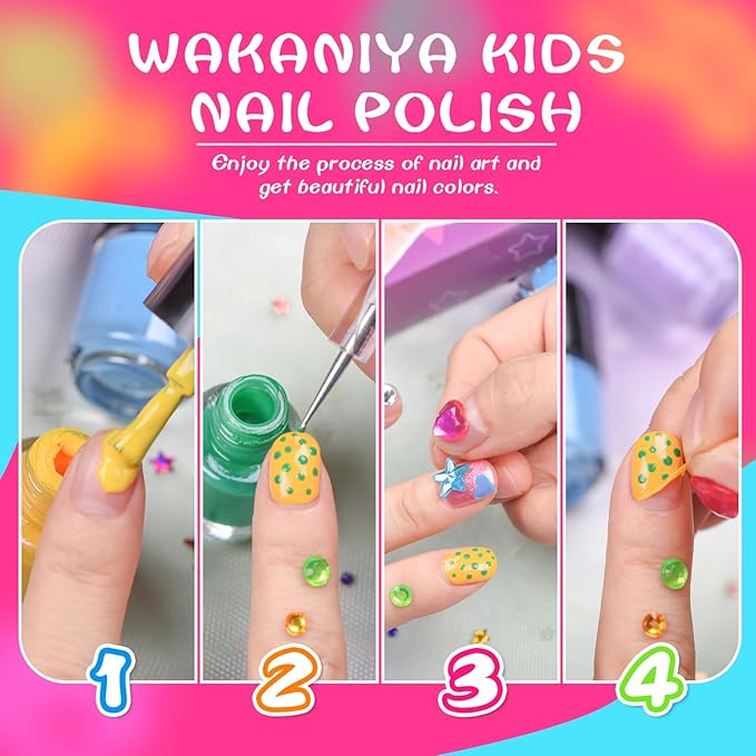 wakaniya Kids Nail Polish Set, Non-Toxic Peel-Off Quick Dry Mini Nail Polish for Girls 8 Colors Set with Gems Stickers