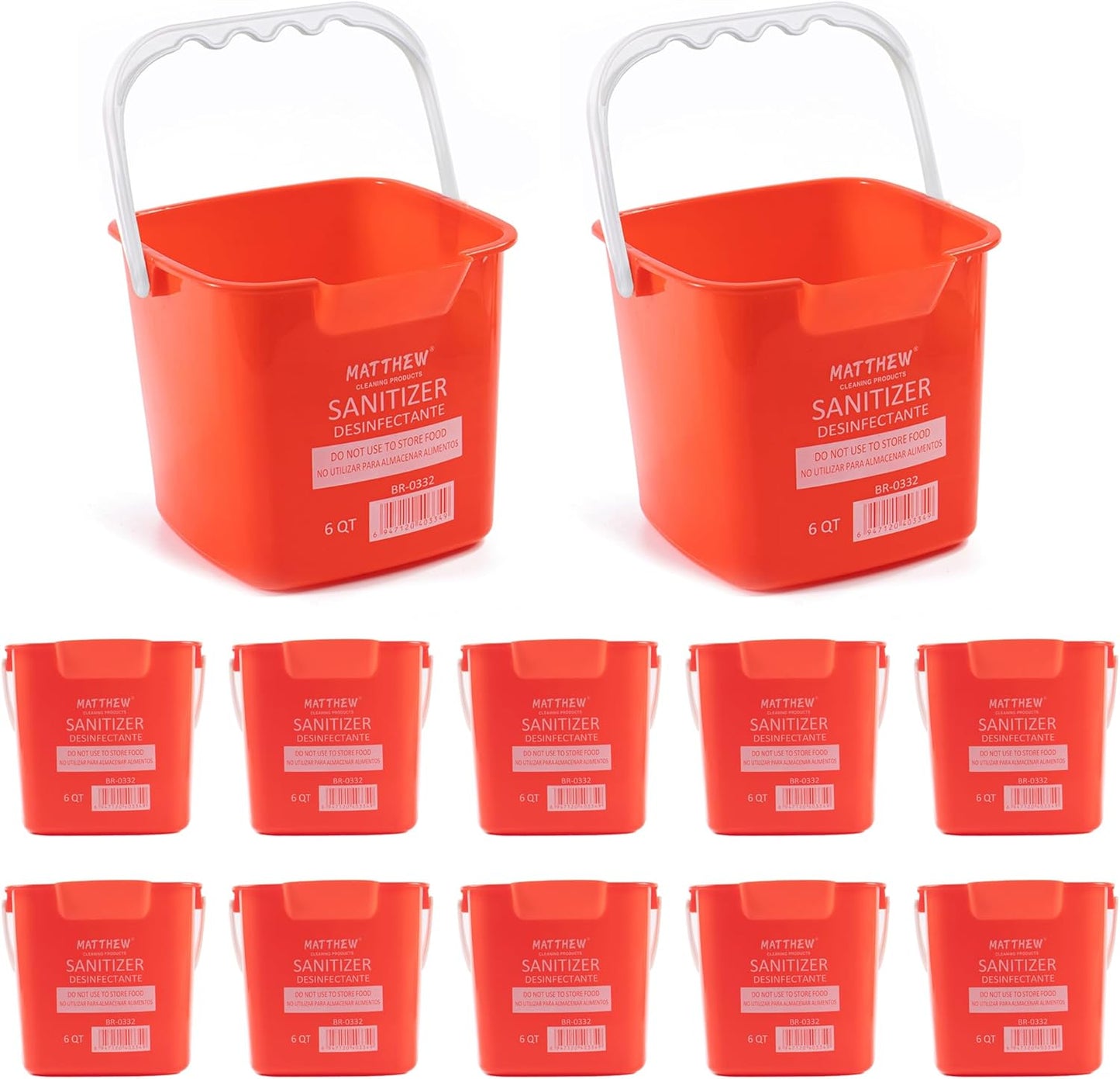 Matthew Detergent&Sanitizing Cleaning Bucket 6 Quart Plastic Pail,Set of 12 Square Containers,Built-in Spout w/Handle,Wash Rinse Sanitize Handwash Bucket for Home Office Commercial Restaurant (Red)