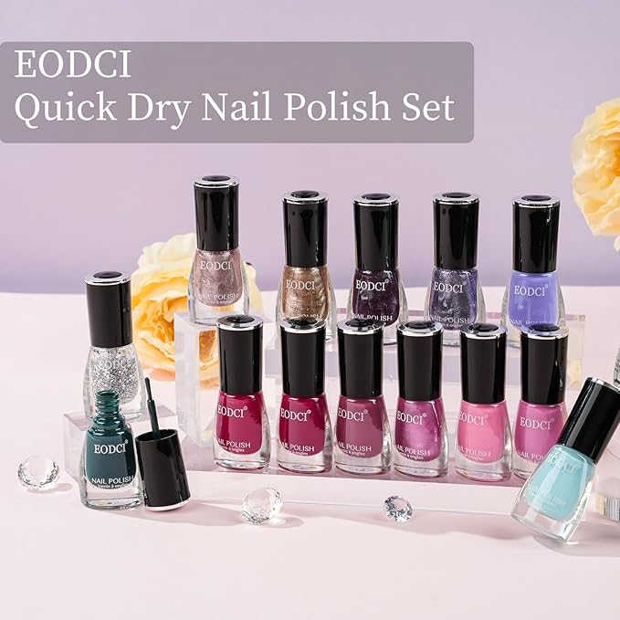 16 PCS Nail Polish Set, 15 Colors Quick Dry Nail Polish Kit With 2in1 Base/Top Coat Purple Pink Glitter Gold Sliver Finger Nail Polish Pack Glossy Toenail Polish DIY Gifts for Women