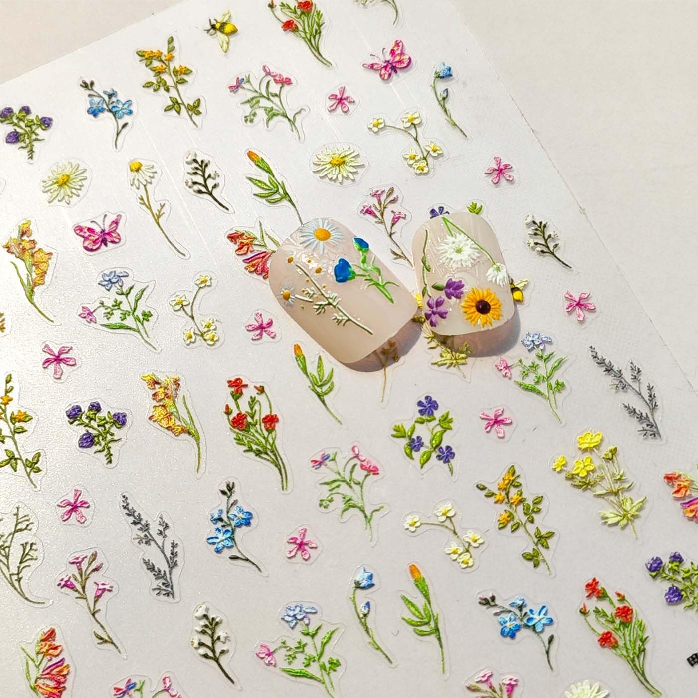 Flower Nail Stickers 5D Embossed Flowers Nail Art Stickers Spring Summer Floral Leaf Plant Nail Decals Self-Adhesive Nails Supply Manicure Sliders for Women Girls Nails Art Decoration