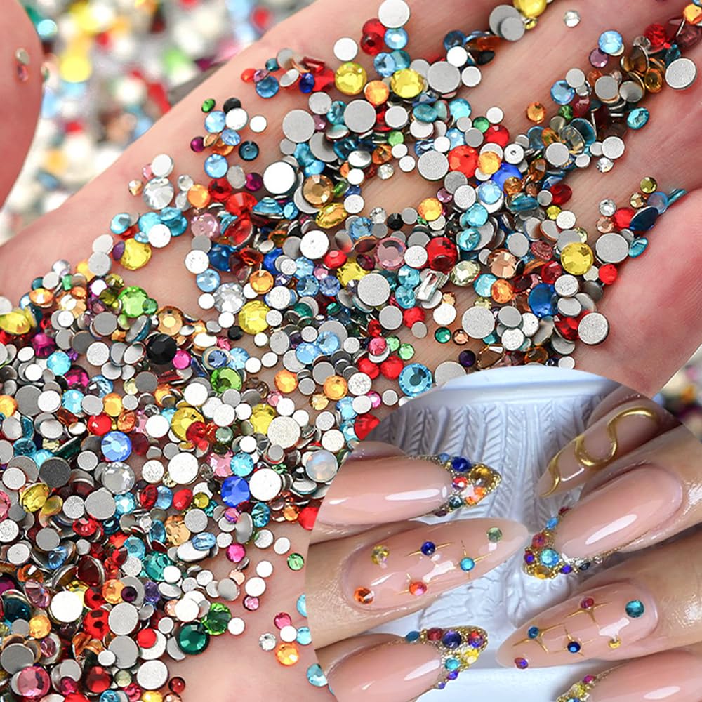 Colorful Rhinestones Nail Art Charm 3D Mini Small Diamond Flat Back Nail Charm Rhinestones Rounded Nail Diamonds Crystal Flatback Nail Gems Bling Nail Jewelry Manicure Decoration Accessories 1440Pcs