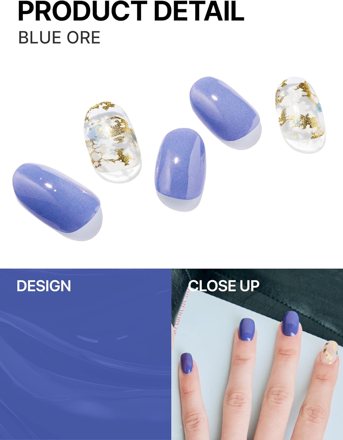 UUUUUU Semi Cured Gel Nail Strips | Salon-Quality | UV Free Gel Nail Wraps for Women | Easy Peel&Stick | Long-Lasting up to 14 Days | 28 Strips Set+File & Wipes | Gift-Ready (Blue Ore)