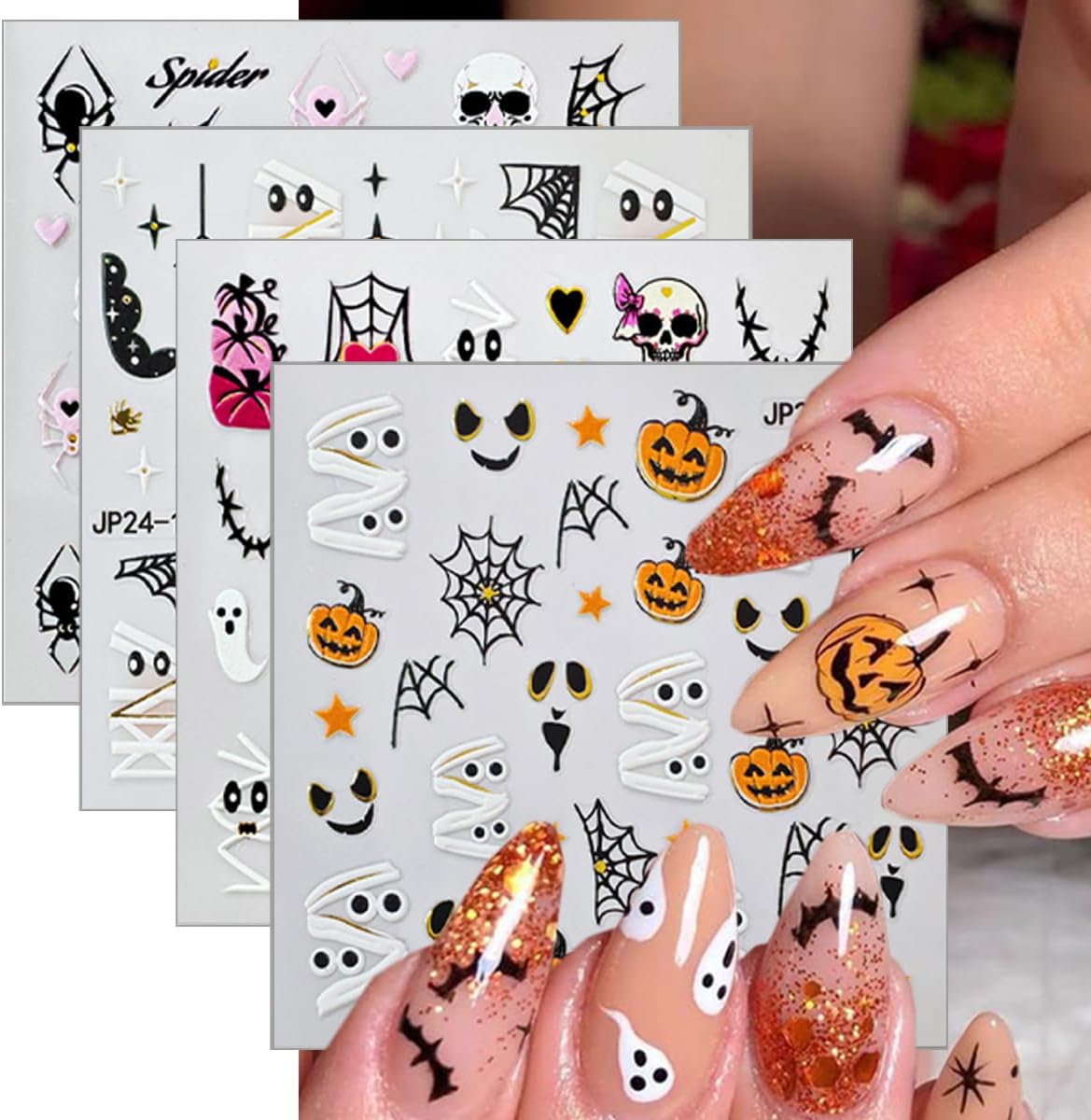 4 Sheets Halloween Nail Stickers 5D Embossed Self-Adhesive Mummy Nail Decals Cute Ghost Pumpkin Spider Web Skull Nails Design Stickers Halloween Nails Art Supplies for Women Holiday DIY Manicure Decor