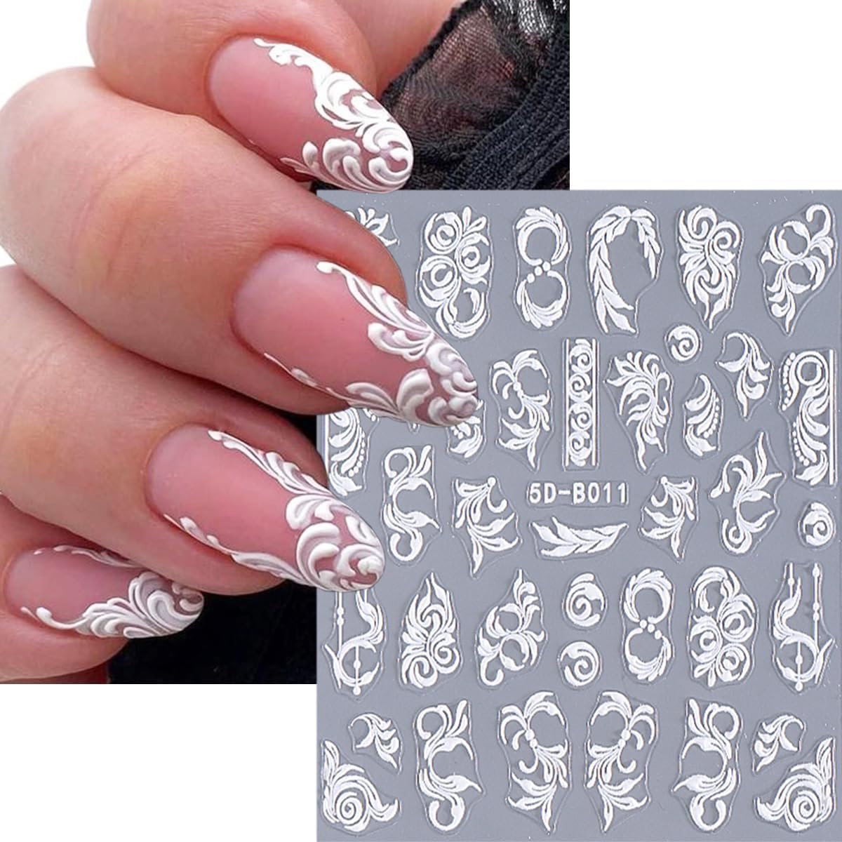 2 Sheets Embossed Flowers Nail Art Stickers Self-Adhesive White Vine Pattern Nail Supplies 5D Flower Nail Stickers for Nail Art Spring Floral Nail Decals for Women Girls DIY Nail Decoration