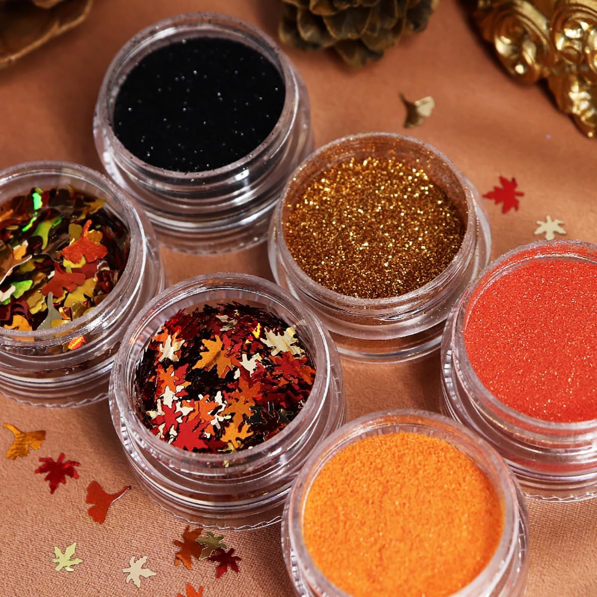Fall Nail Glitters 3D Gold Maple Leaf Nail Sequins with Glitter Powder Gold Maple Leaves Shaped Sparkly Supplies Autumn Nail Stickers for Women Manicure Charms Thanksgiving Decorations 6 Jars