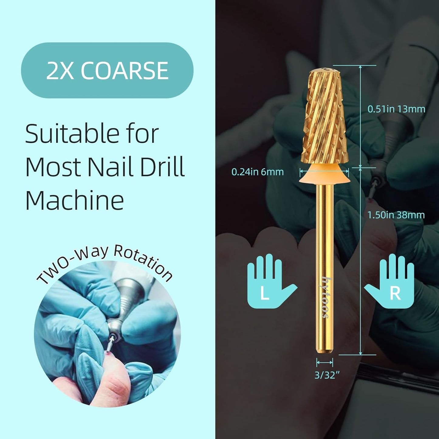 Safety Nail Drill Bits,Titanium Coating Carbide Tapered Nail Bit, 3/32 Two-way Smooth Top Rotate Drill Bits for Nails, Manicure Drills Accessories Removal Thick Gel, 2XC