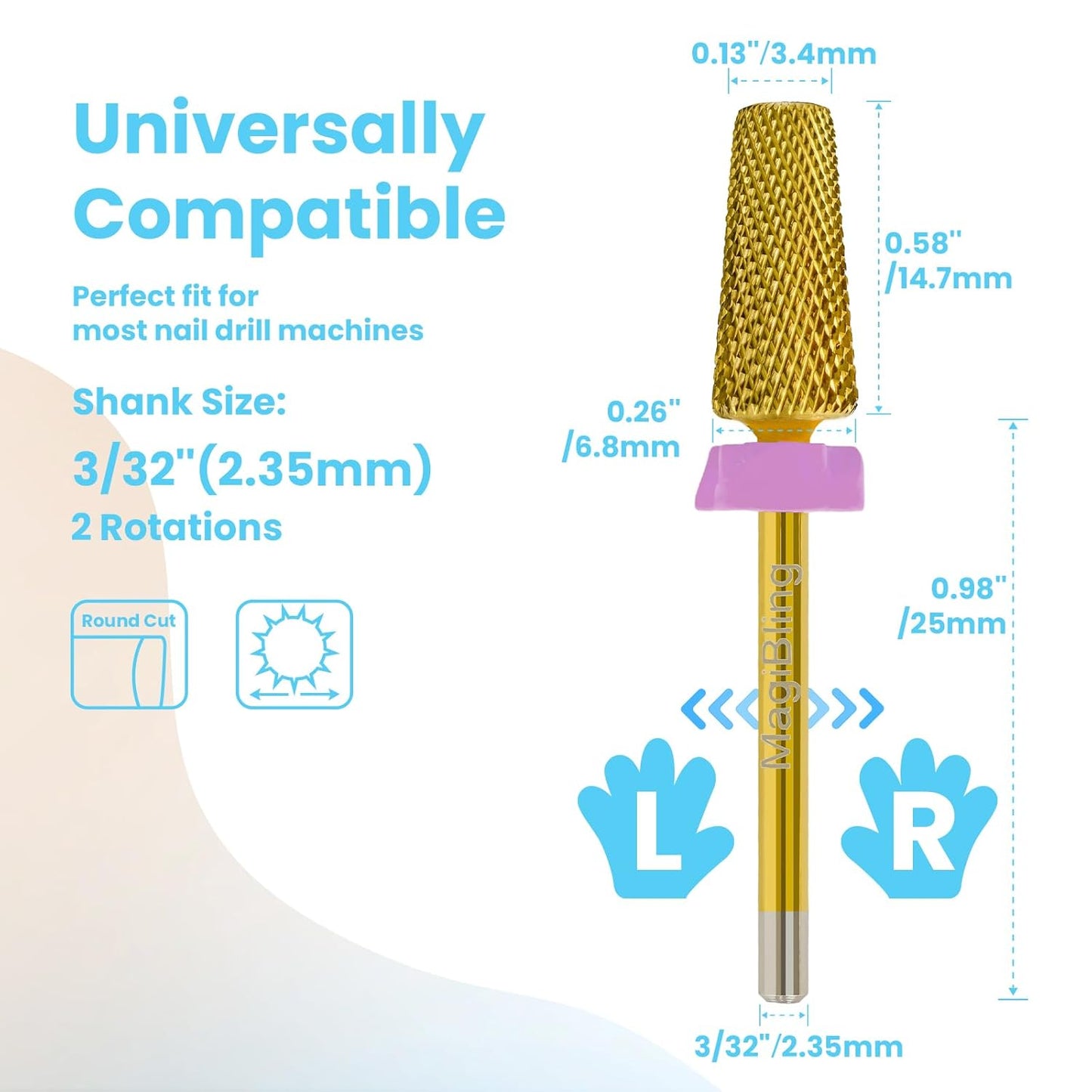 Nail Drill Bits 5 in 1 Tapered Barrel, 3/32'' Safety Tungsten Carbide Bits, Two-way Rotation, Suitable for Manicure Pedicure Cuticle Gel Polishing, Technicians Bits, Grit: Double Fine.