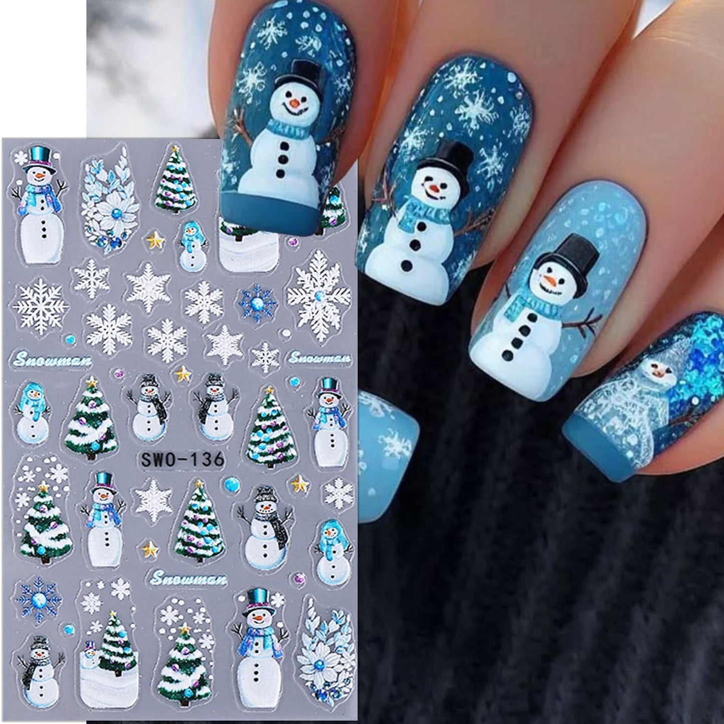 2 Sheets 5D Christmas Nail Stickers for Nail Art Self-Adhesive Embossed Winter Snowman Christmas Tree Snowflakes Xmas Gingerbread Man Nail Decals New Year Nail Design Sticker for Women DIY Manicure
