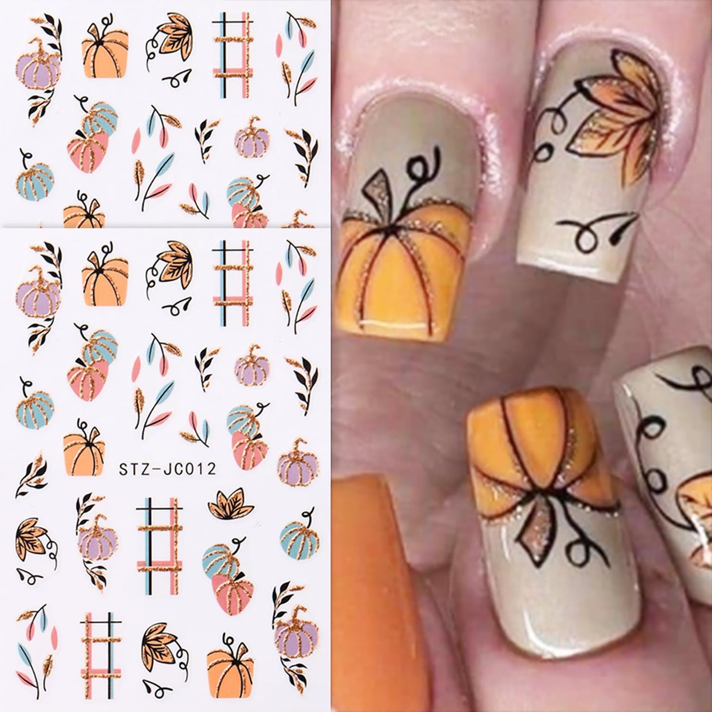 6 Sheets Fall Nail Stickers for Nail Art Orange Red Maple Leaves Nail Art Stickers Glitter Thanksgiving Pumpkin Nail Decals 3D Self-Adhesive Autumn Maple Leaf Nail Decoration for Women