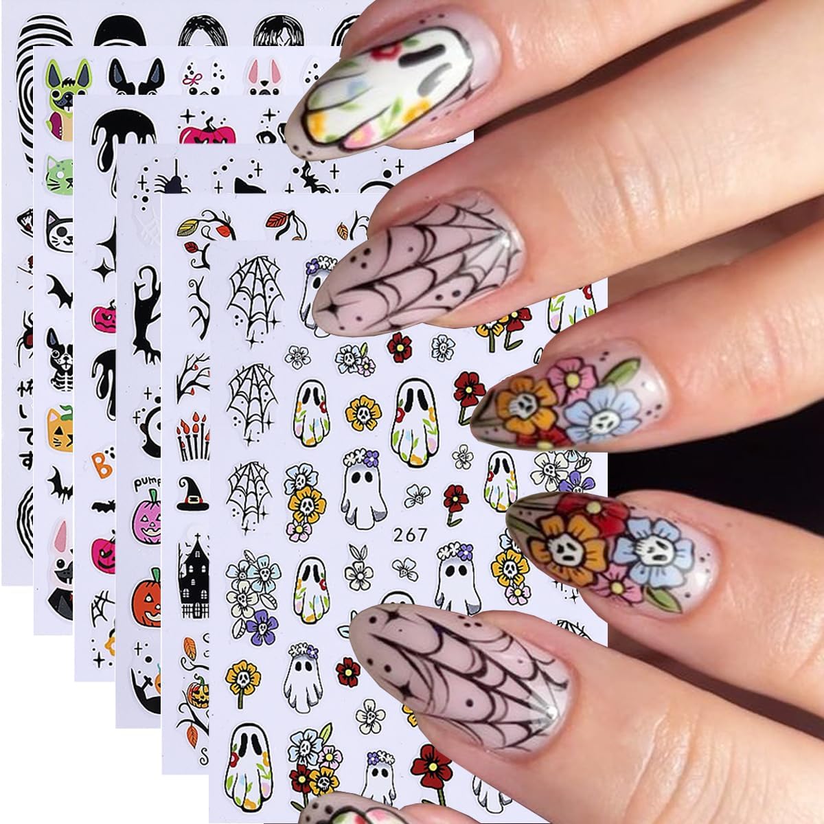 Halloween Nail Art Stickers Decals 3D Halloween Nail Stickers for Nail Art 6PCS Ghost Spiders Web Bat Pumpkin Black Cat Self-Adhesive Nail Art Design Manicure Sliders for Women DIY Nail Decorations