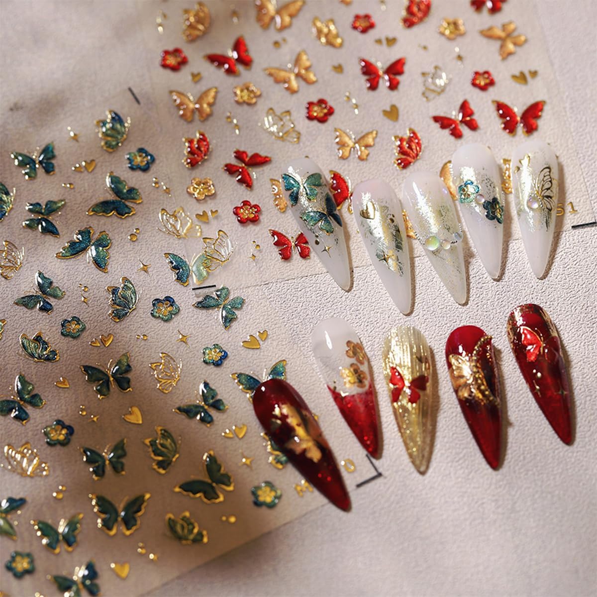 Butterfly Nail Art Stickers Decals 5D Embossed Butterfly Nail Decals Green Butterfly Gold Heart Star Nail Stickers Self Adhesive Nail Decals Cute Butterfly Nail Stickers for Women Manicure Nails Art
