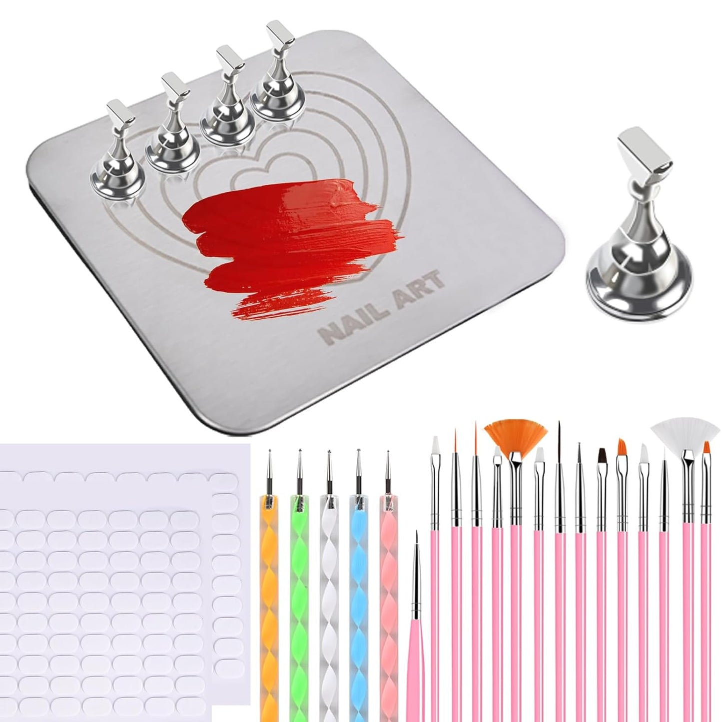 Nail Stand Brush Set, Magnetic Stands with Metal Base Art Palette, Reusable Nail Tips Display Practice Acrylic Holder with 200pcs Sticky Tabs and Tools for Home DIY Salon Supplies-Sliver