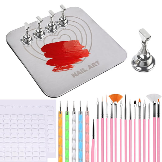 Nail Stand Brush Set, Magnetic Stands with Metal Base Art Palette, Reusable Nail Tips Display Practice Acrylic Holder with 200pcs Sticky Tabs and Tools for Home DIY Salon Supplies-Sliver