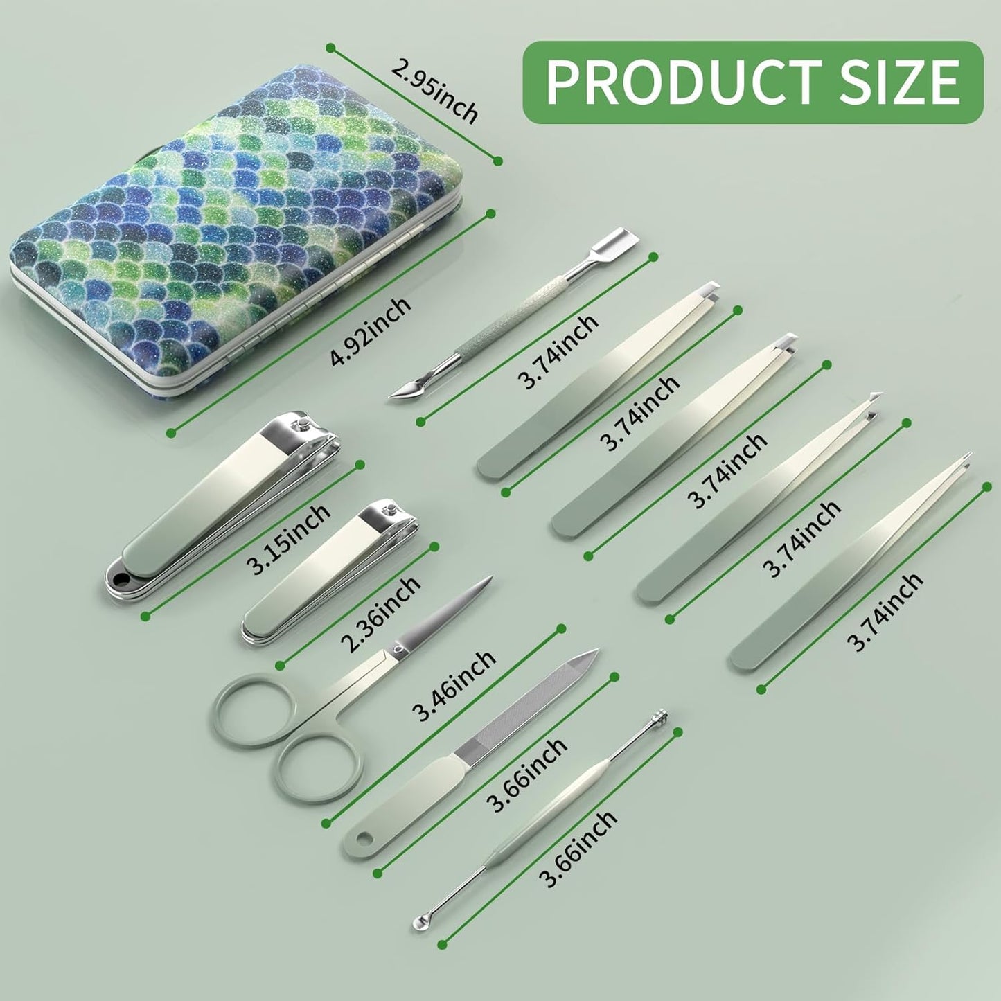 Manicure Set 10 in 1 Stainless Steel Nail Clippers Scissors Tweezers Grooming Kit with Travel Case (Green)