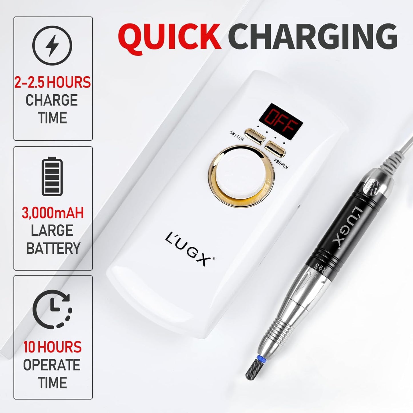 Professional Nail Drill Machine, L'UGX Electric Nail File 30000 RPM Nails Drill for Acrylic Nails with 8 Nail Drill Bits