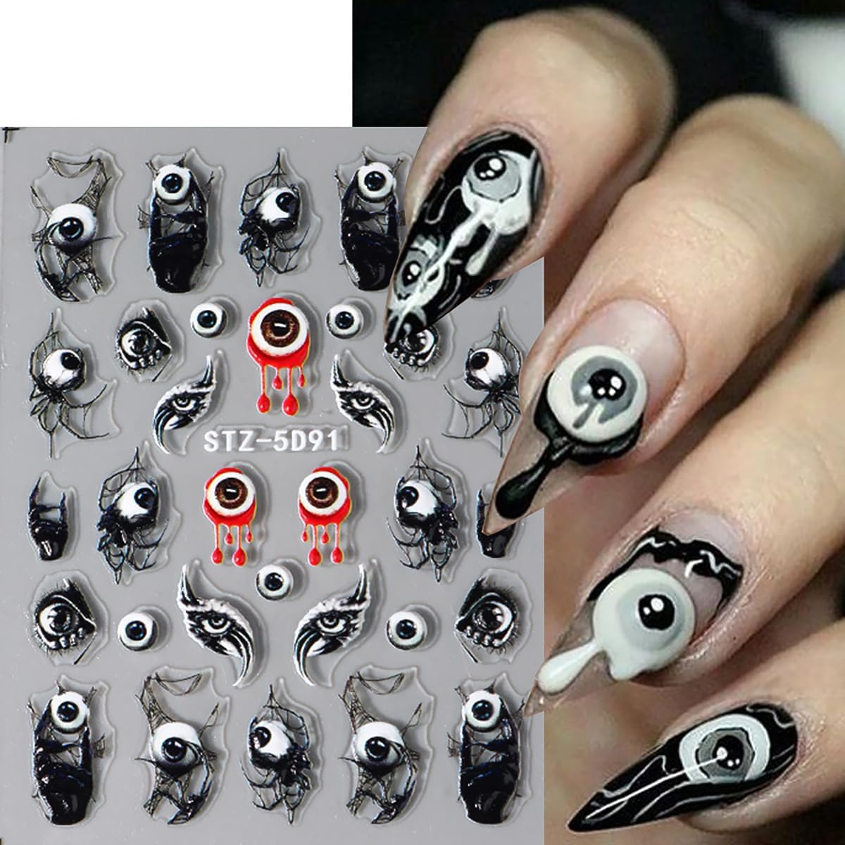8 Sheets Halloween Nail Art Stickers - Goth Ghost, Skeleton Skull Spider Nail Decals - 3D, 5D Black Wing Nail Supplies - DIY French Manicure