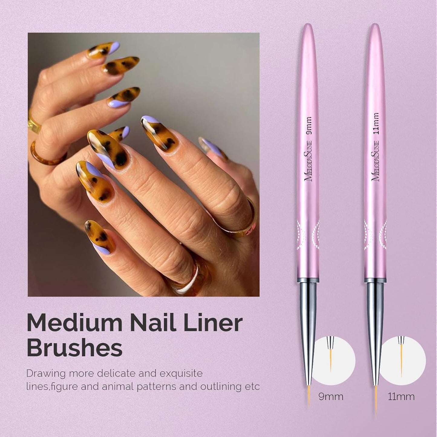 MelodySusie Nail Art Liner Brushes 5Pcs Professional Gel Polish Painting Art Design Pen Set for Thin Long Lines, Tiny Details, Fine Drawing, Delicate Coloring,Sizes 5/7/9/11/20mm