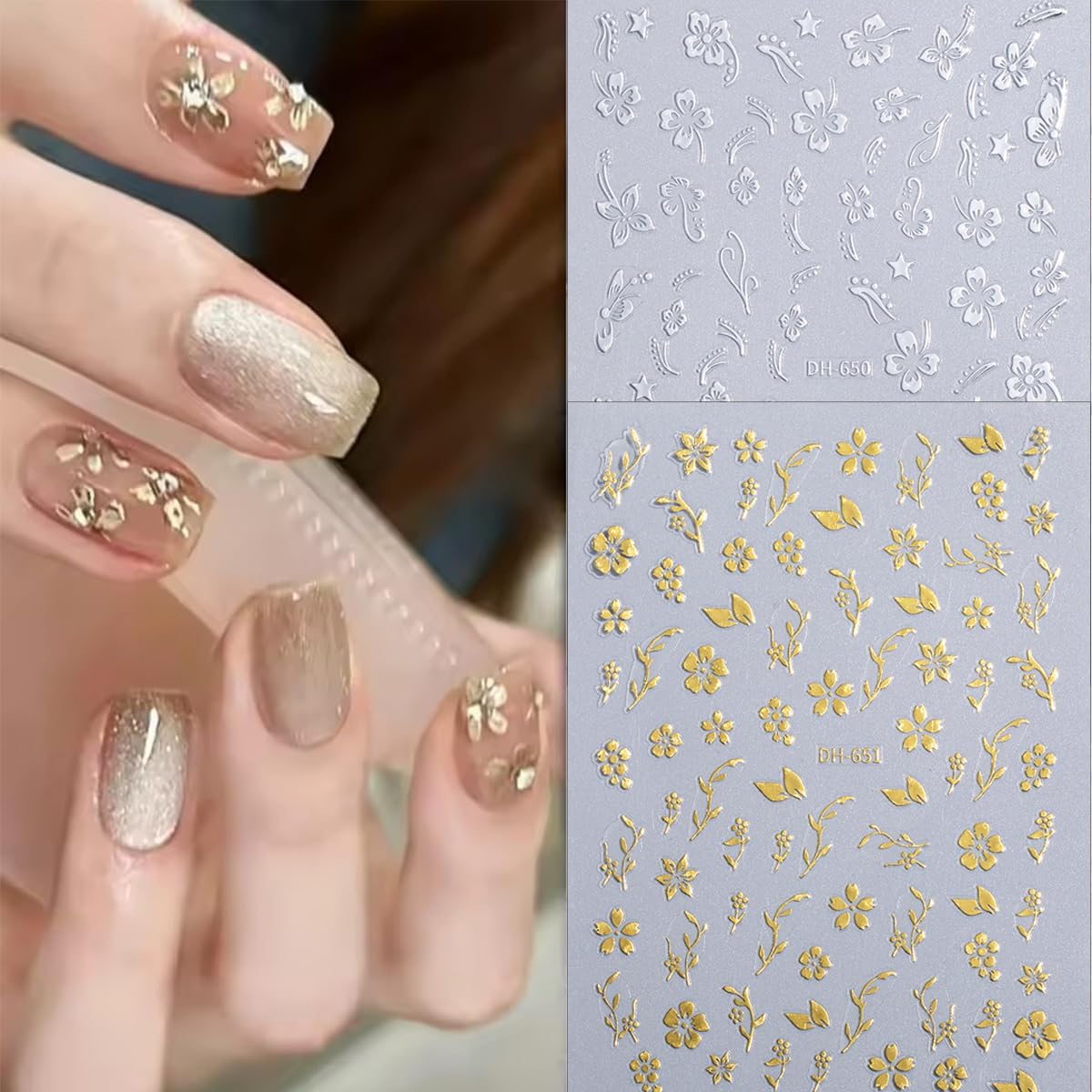 6 Sheets Flower Nail Stickers 3D Metallic Flower Leaf Nails Decals White Silver Gold Floral Nail Art Stickers Self Adhesive Hibiscus Flowers Nail Art Design Sticker for Women DIY Nail Accessories