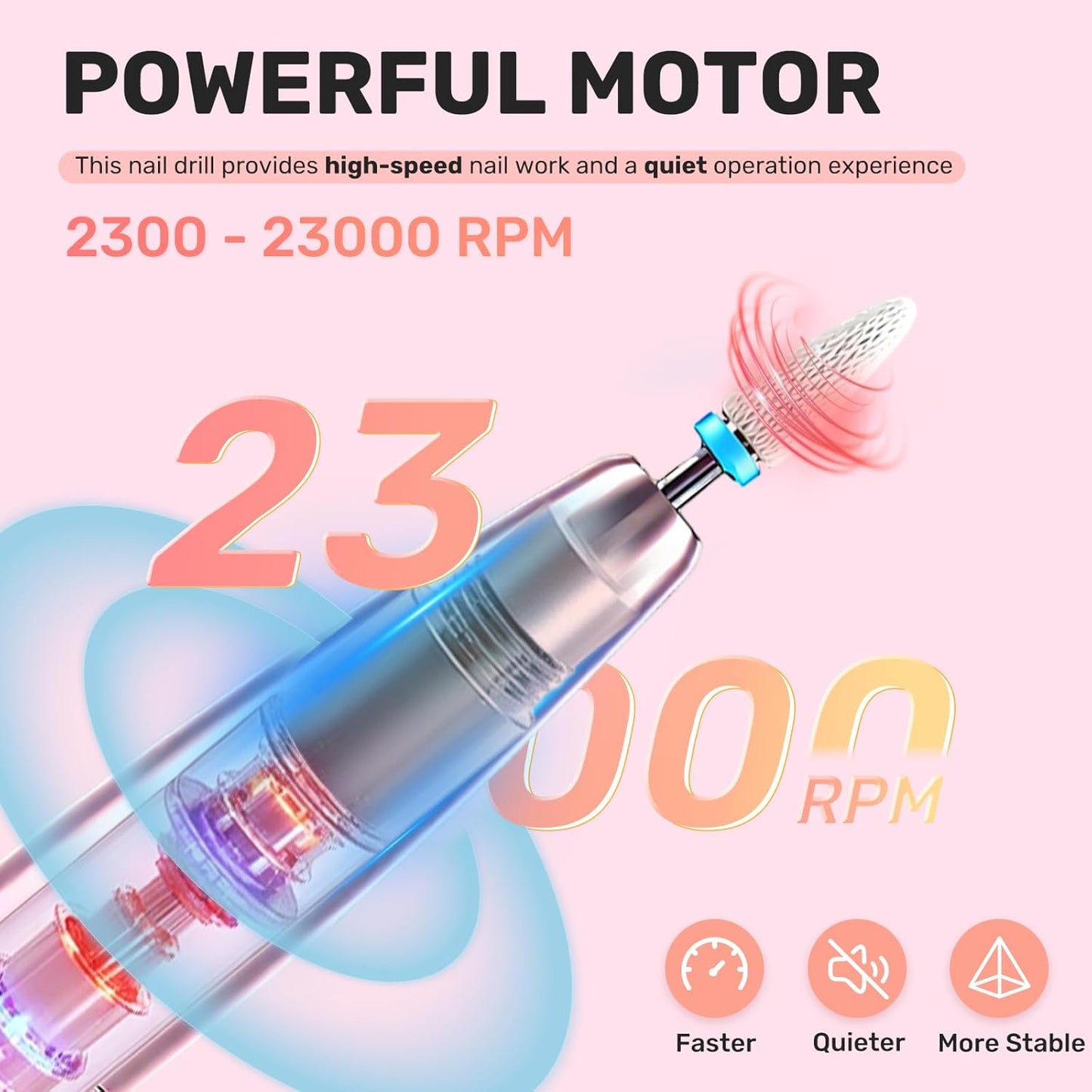 Portable Electric Nail Drill Machine Professional Kit, 23000 RPM Adjustable Speed, Nail Grinder Manicure Tool for Home Salon with Drill Bits Sanding Bands for Acrylic Gel Nails Pink