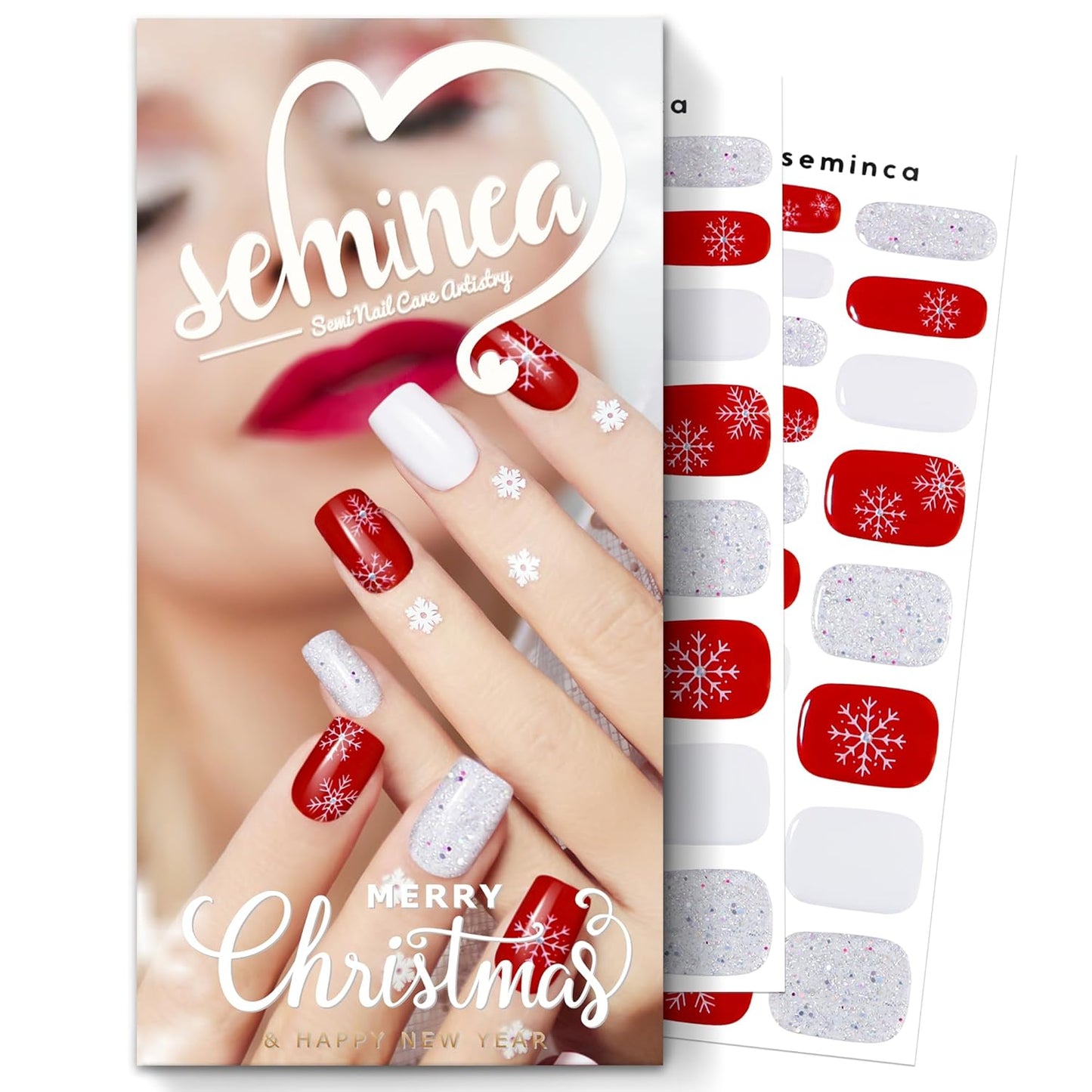 Semi Cured Gel Nail Strips-Snowflake Nail Art Press ons Vibrant Magenta Shimmer with Pink Stars, Holiday Collection(Snowy Glitter)