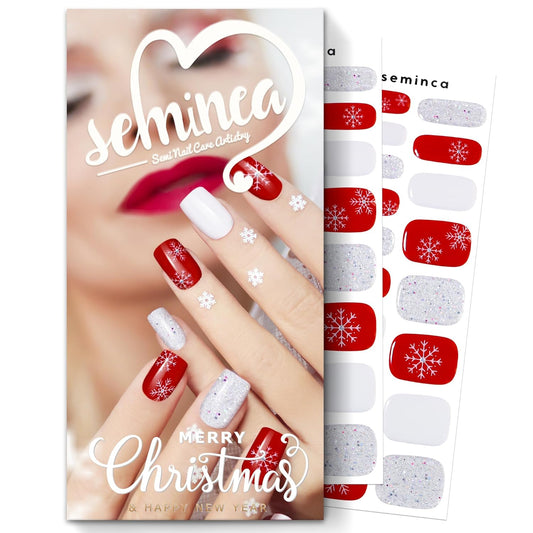 Semi Cured Gel Nail Strips-Snowflake Nail Art Press ons Vibrant Magenta Shimmer with Pink Stars, Holiday Collection(Snowy Glitter)