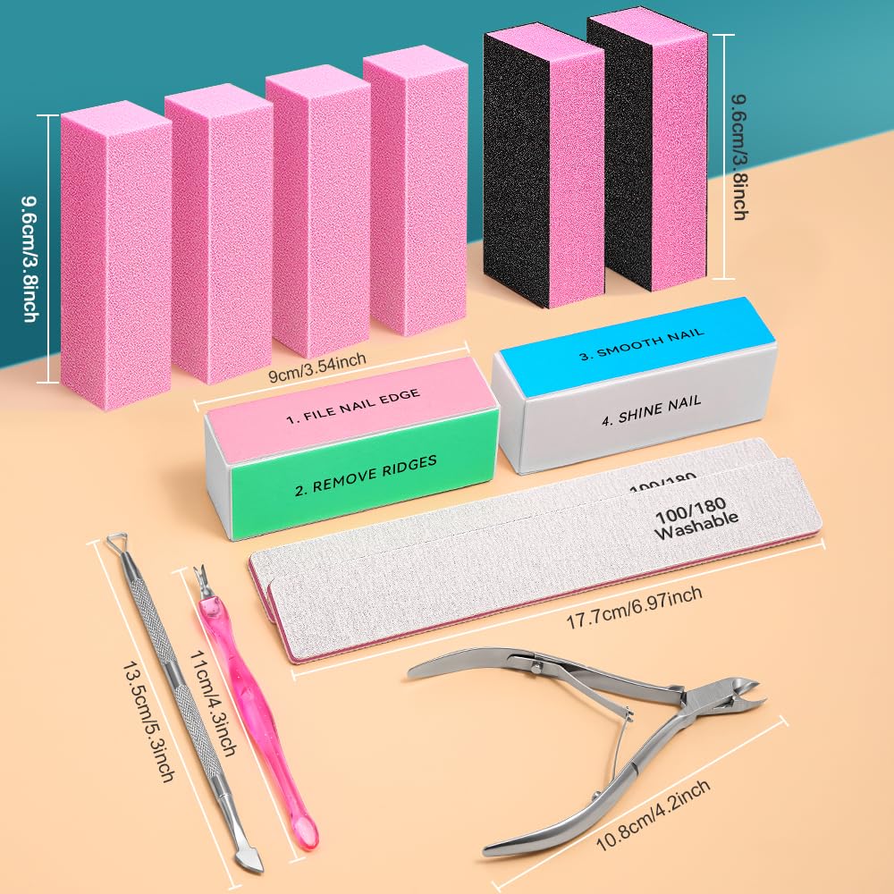 TsMADDTs Nail Files and Buffers, 13PCS Nail Kit with 3-Way Sanding Block, 4-Way Buffing Block, 100/180 Files, Cuticle Nippers & Cuticle Pusher