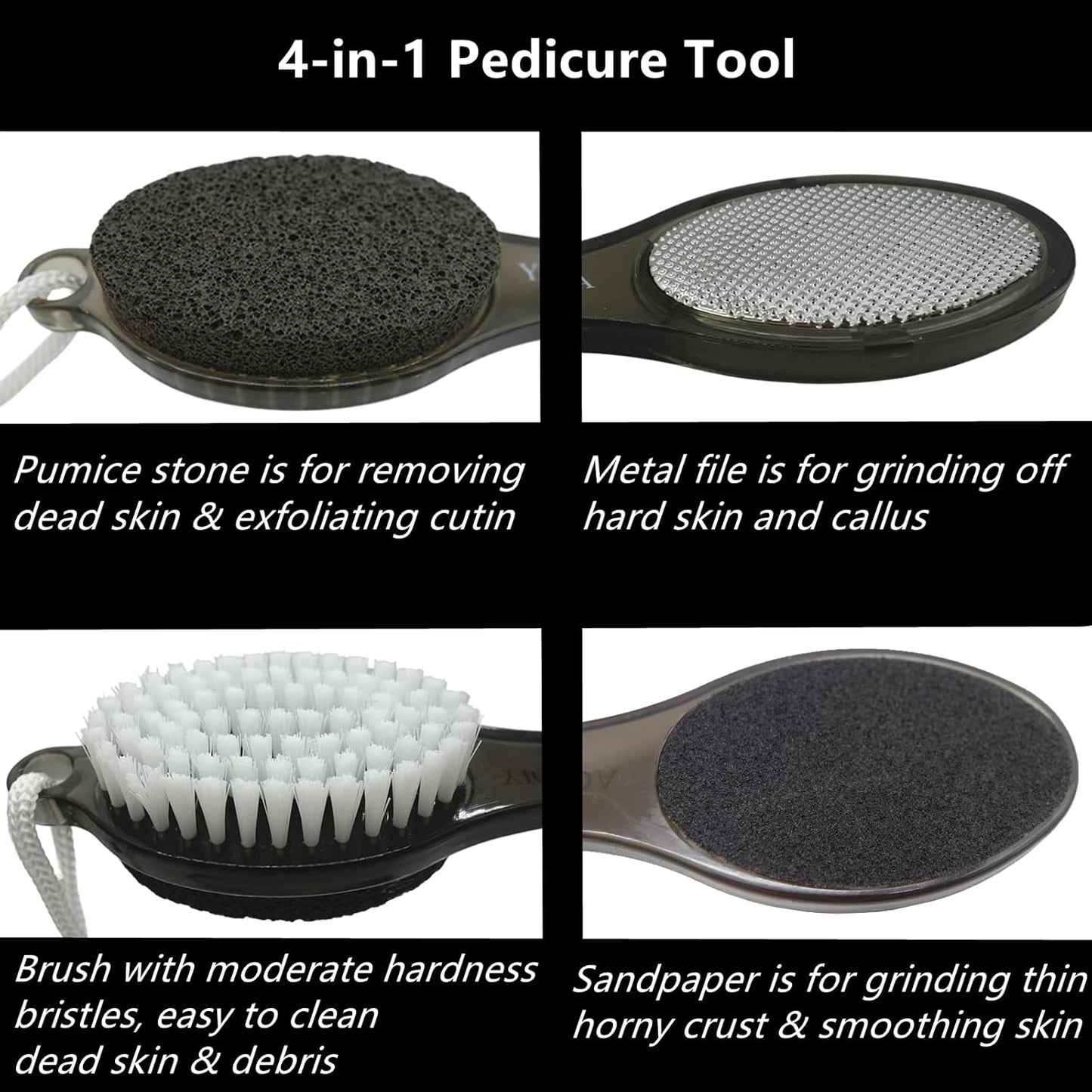 Foot File Callus Remover 4-in-1, 2 Pcs Feet Scraper Pedicure Tools with Pumice Stone, Scrubber Brush, Foot Rasp and Sand Paper, Double Sided Multi Purpose, Clear Black