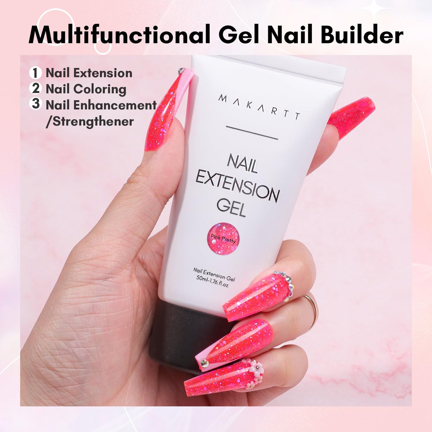 Makartt Poly Nail Gel-50ML Large, Dark Hot Pink Glitter Color, Strong Builder for Extension Overlay Strengthener 3D Diy, Long-lasting for Nails French Manicures Home Salon-Pink Pretty