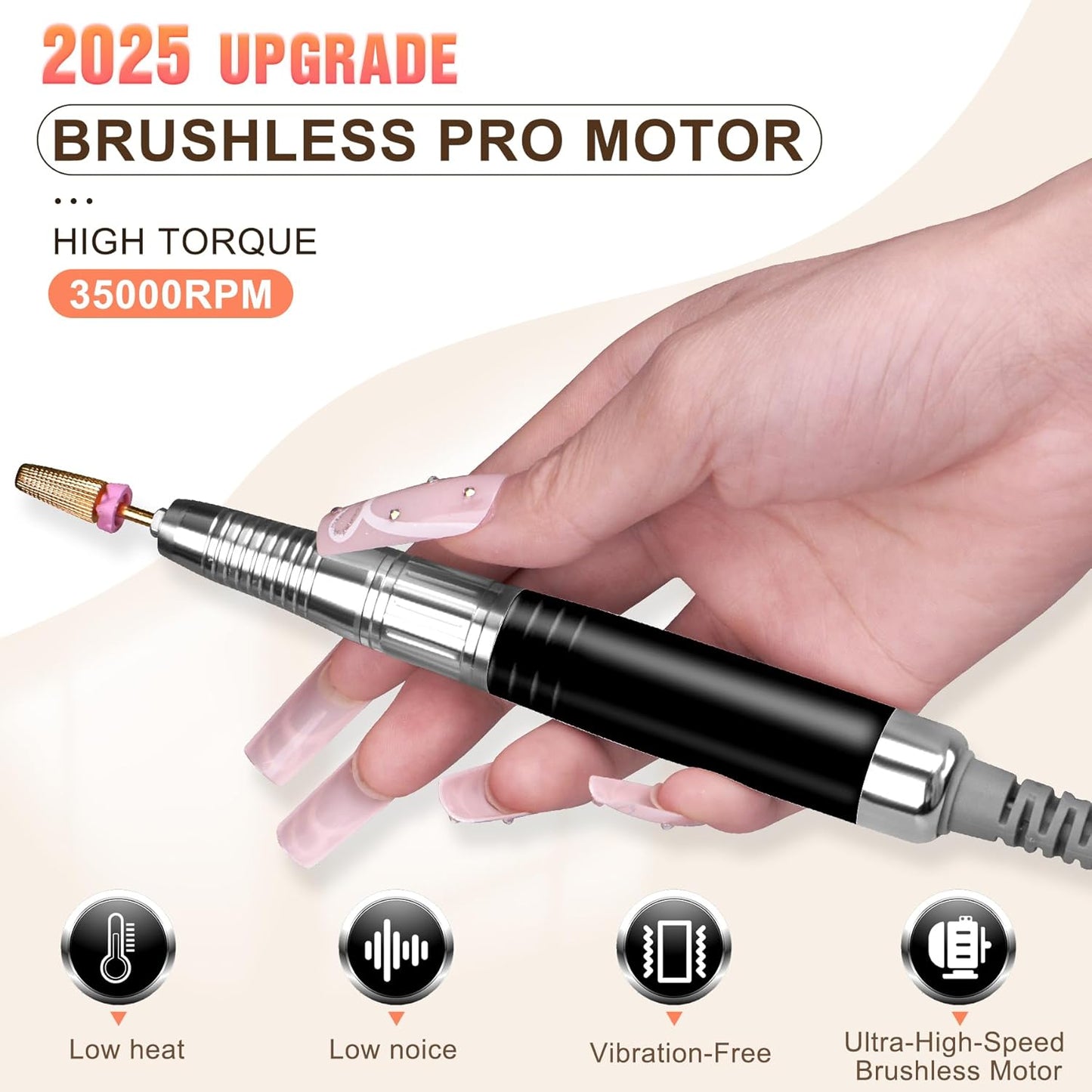 Professionl Nail Drill, 80w Brushless Pro Electric Nail Drill 35000rpm HoMove Cordless Nail Efile, High Torque, Quiet & Vibration-Free Electric Nail File for Nail Technicians,Home DIY (Black)