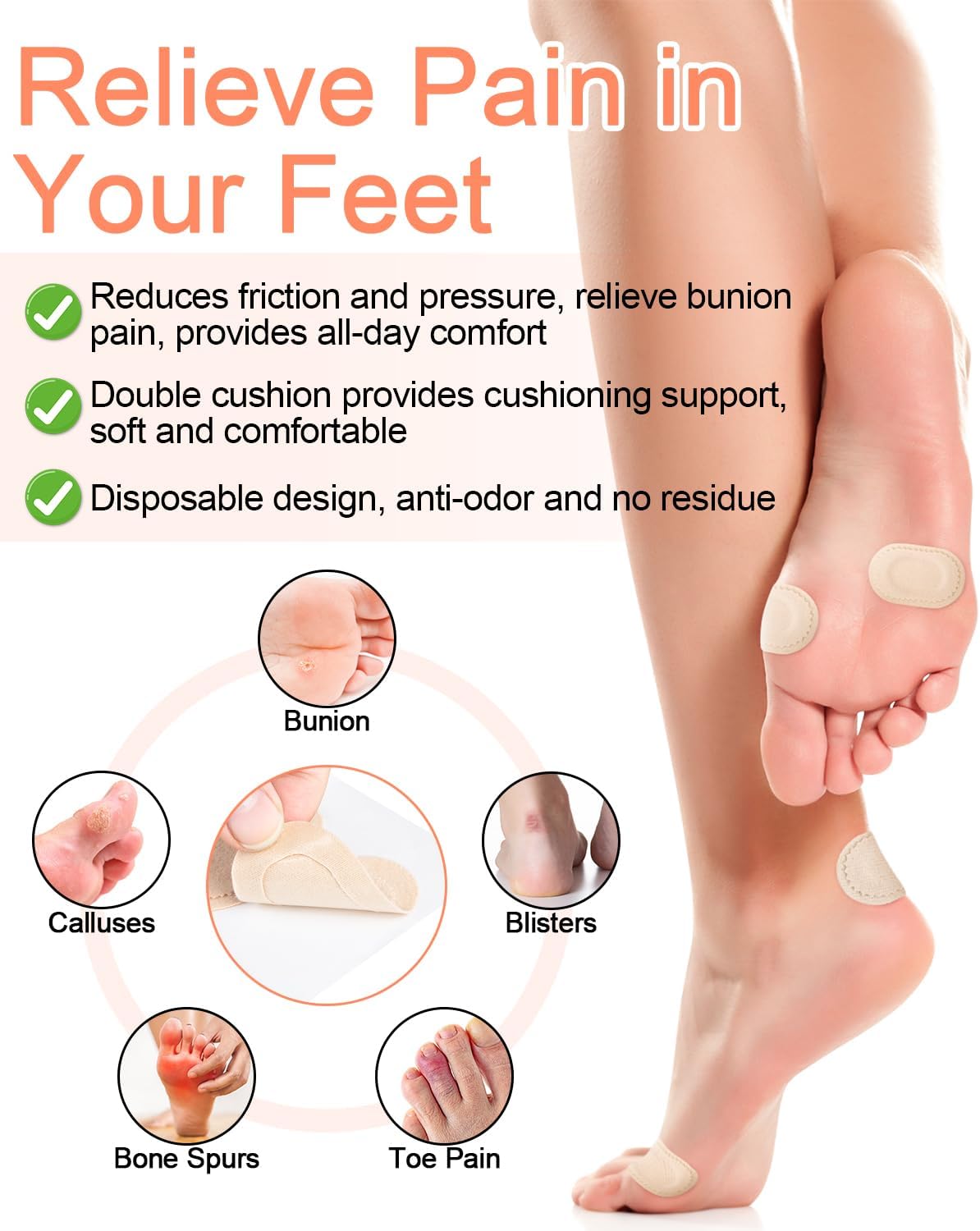 36Pcs Bunion Pain Relief Pads to Wear with Shoes, Bunion Corrector Cushions for Women Men Big Pinky Toe Protector, Moleskin for Feet, Water-Resistant, Self-Adhesive (Multi-Size)