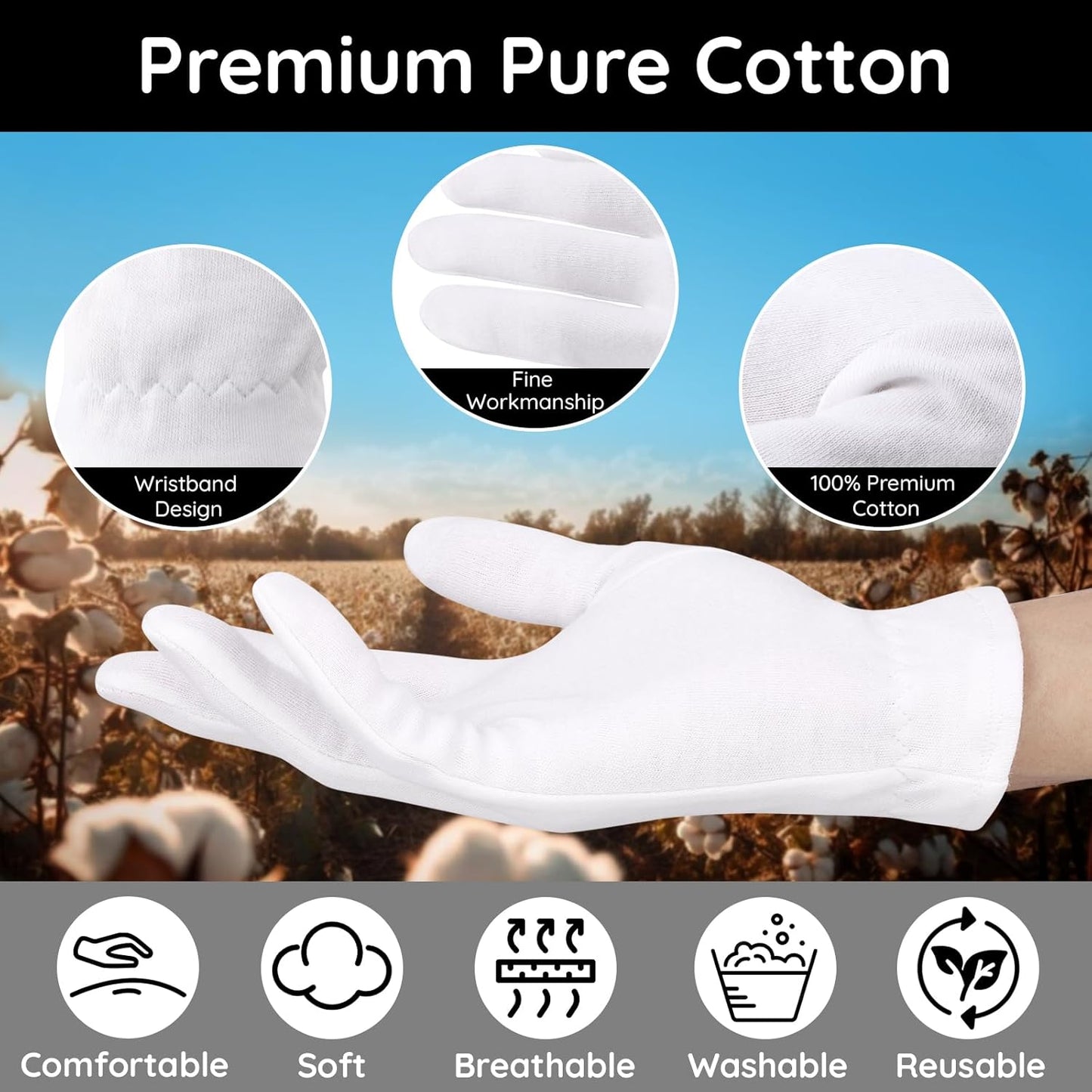 Segbeauty 24 Count White Cotton Hand Gloves with Elastic Band, Extra Large Lotion Moisturizing Gloves (12 Pairs) for Men and Women, Dry Skin Care Overnight Sleeping Gloves