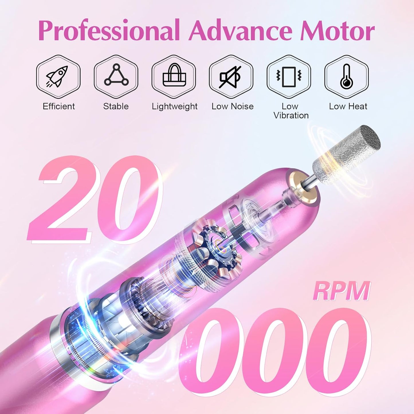 JIASHENG USB Electric Nail Drill, Portable File for Acrylic Gel Nails, Professional Manicure and Pedicure Kit With Drill Bits for Home and Salon Use, Rose Red