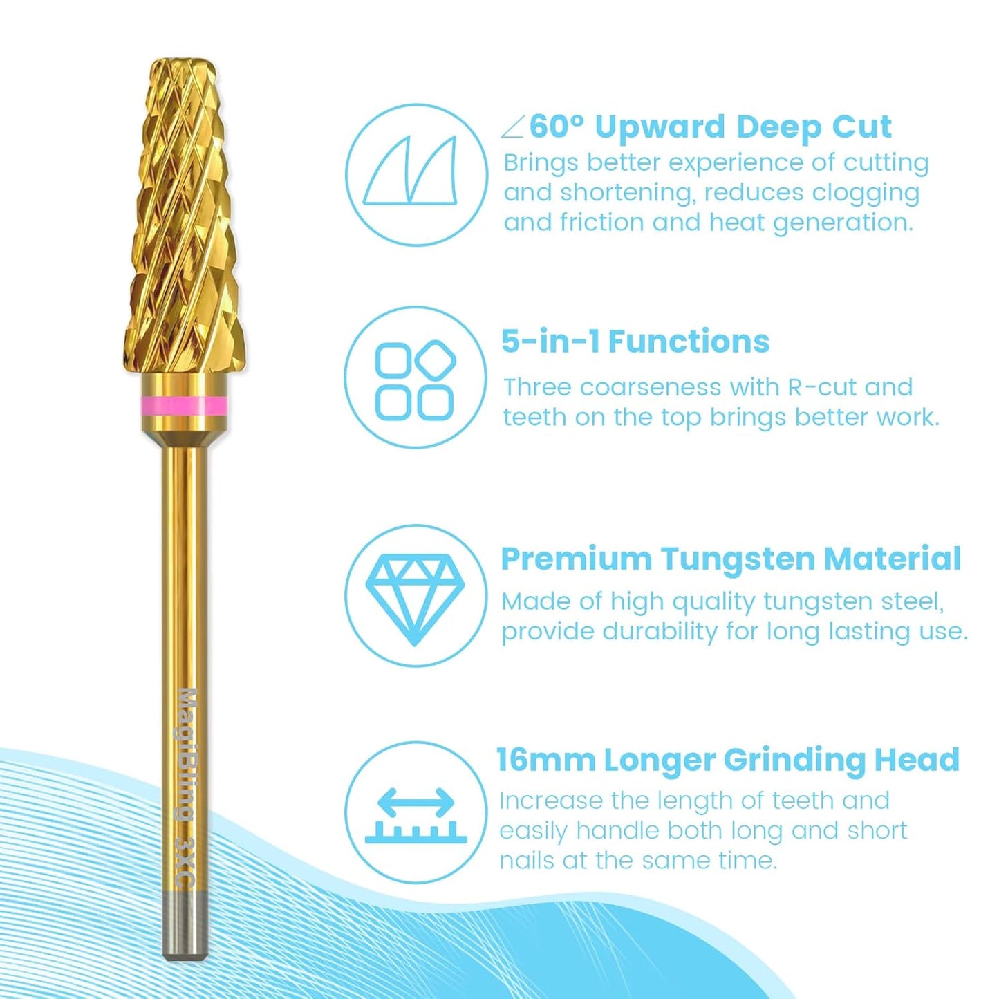 Super Cut 5 In 1 Nail Drill Bits，Tapered 3/32'' Safety Tungsten Bits, Upward Cut for Hard Gel Removal, Right Hand Use, Manicure Cuticle Gel Polishing, Technicians Bits, Gold, Triple Coarse.