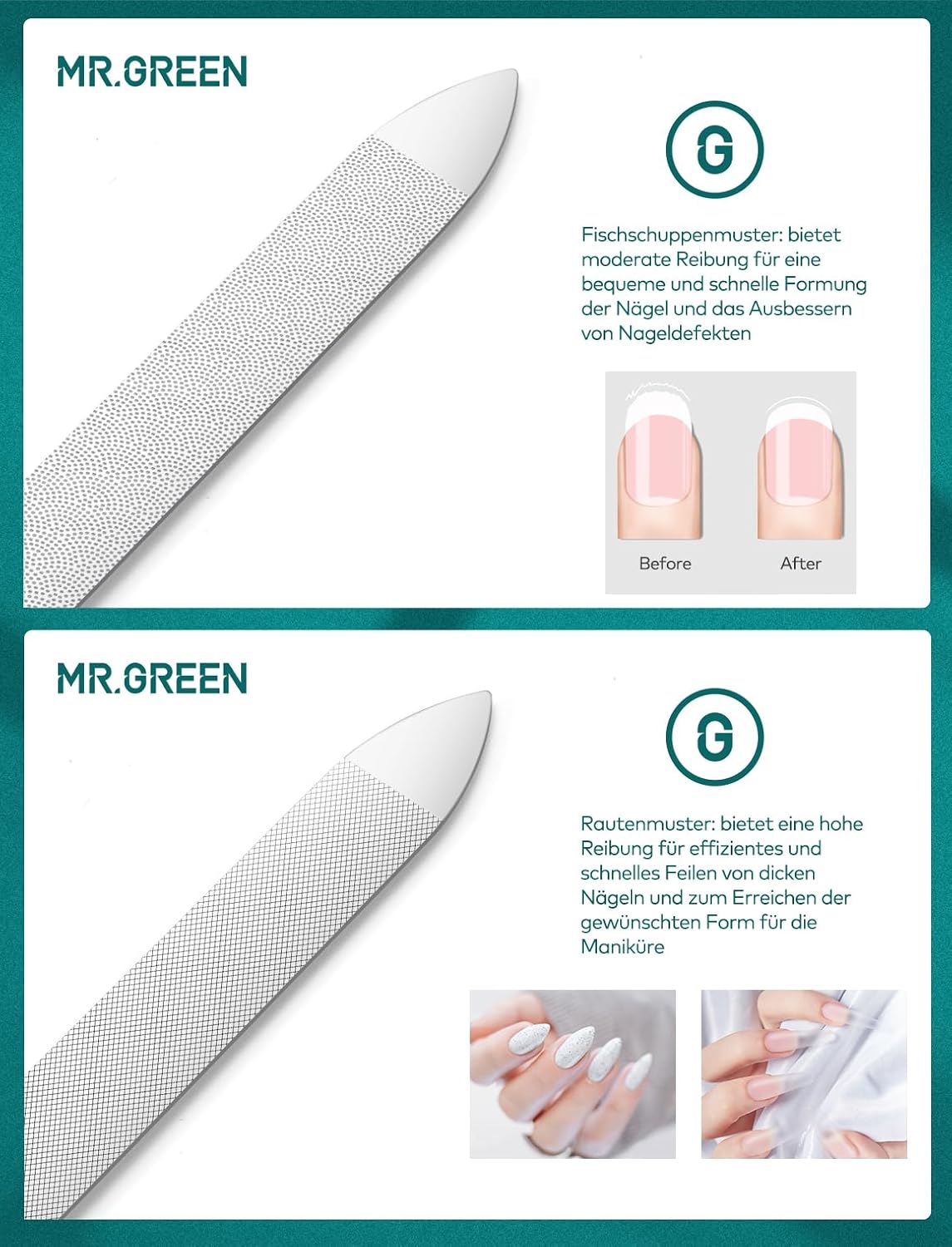 MR.GREEN Professional Double Sided Stainless Steel Nail File with Non-Slip Handle and Leather Case, Pointed Nail Buffering Files Washable