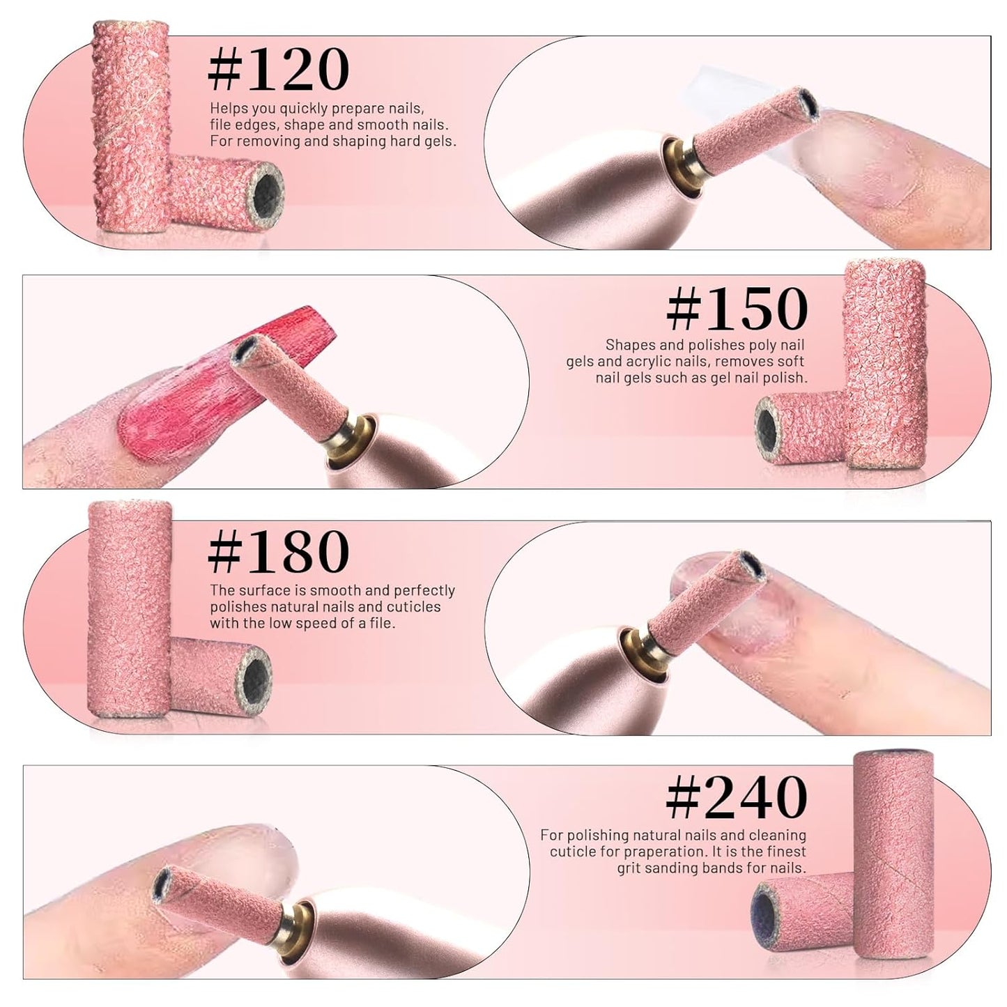 300Pcs Small Sanding Bands for Nail Drill Bits Set, Mini Sanding Bands with 2 Mandrel Bits Coarse Fine Grit #150#180#240 Grits, Professional for Acrylic Nails Manicures and Pedicure-Pink