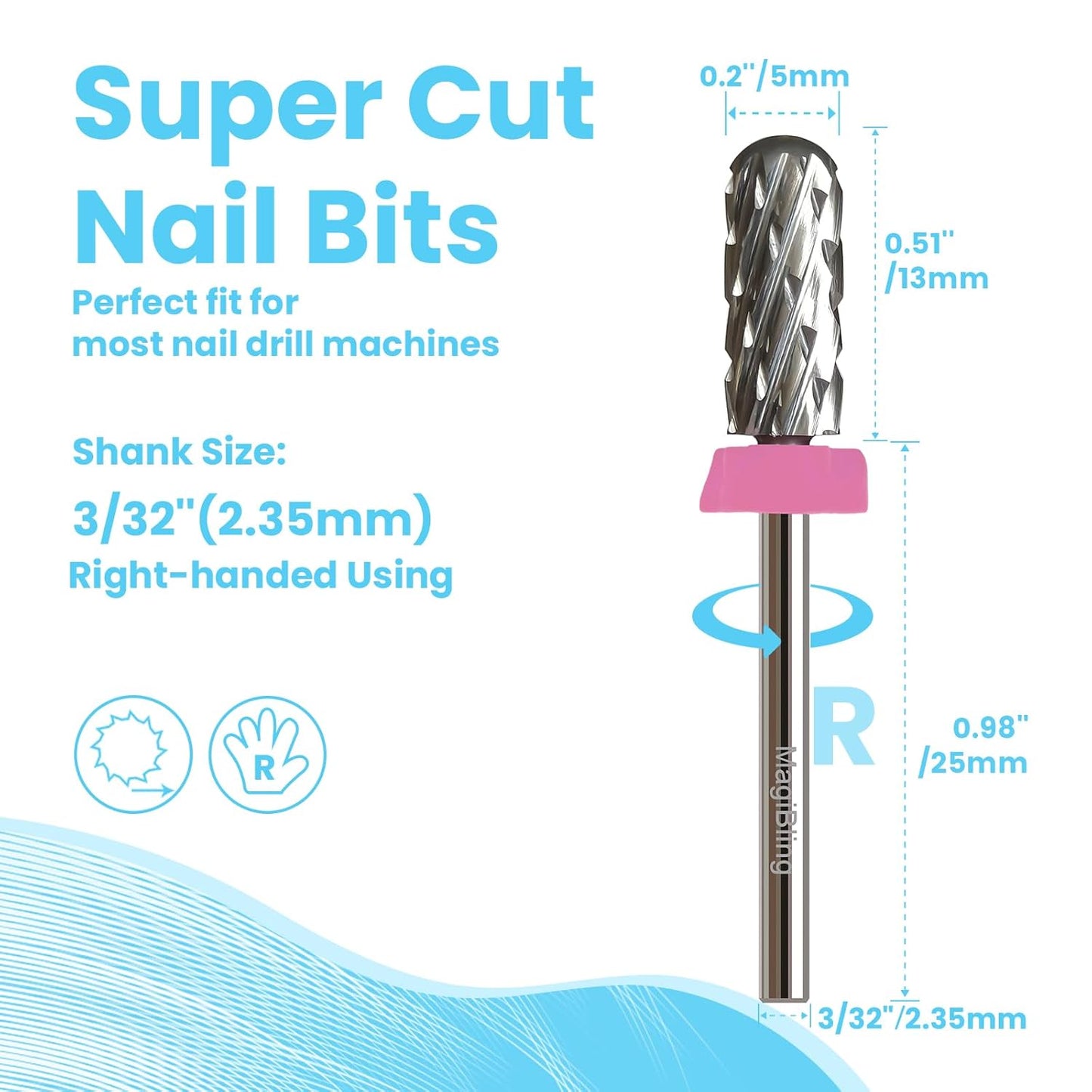 Super Cut Small Barrel 3/32'' Safety Tungsten Nail Drill Bits, Remove Gel Fast, Right handed, Manicure Cuticle Gel Polishing, Aggressive Bits for Professional Technician, Triple Coarse.