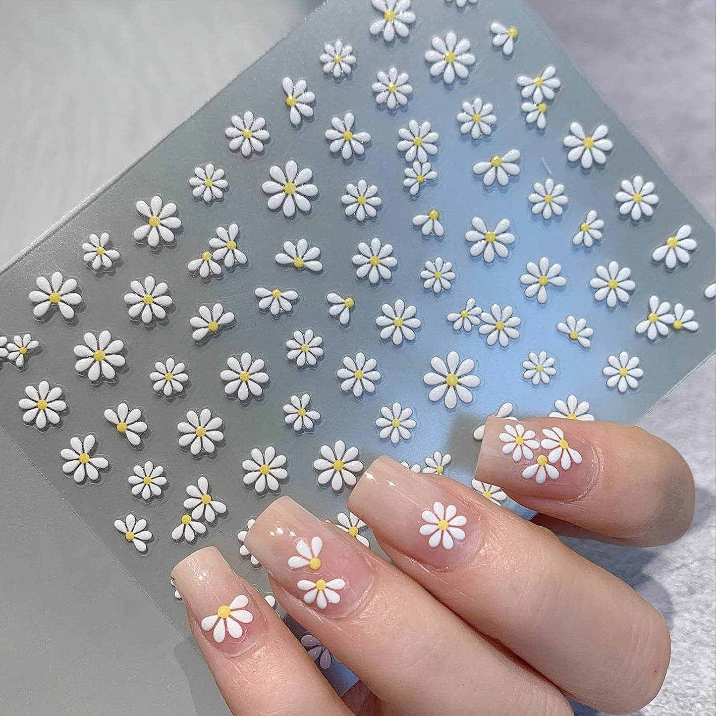 Flower Nail Stickers Self-Adhesive 5D Embossed Jelly Sliders Floral Petals Nail Art Stickers Decals Spring Summer White Daisy Floral Nail Design Stickers for Women Girls Manicure Decoration 1 Sheet