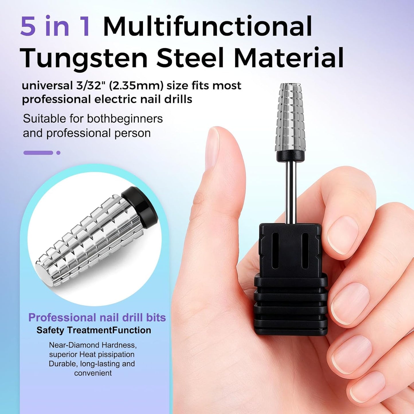 Fantexy 5 in 1 Nail Drill Bits,Professional 3/32" Shank Tungsten Steel Bits for Acrylic Nails,Manicure,Nail Art,Drill Machine,Both Left and Right Handed - Two Way Rotate Use (Extra Coarse - XC)