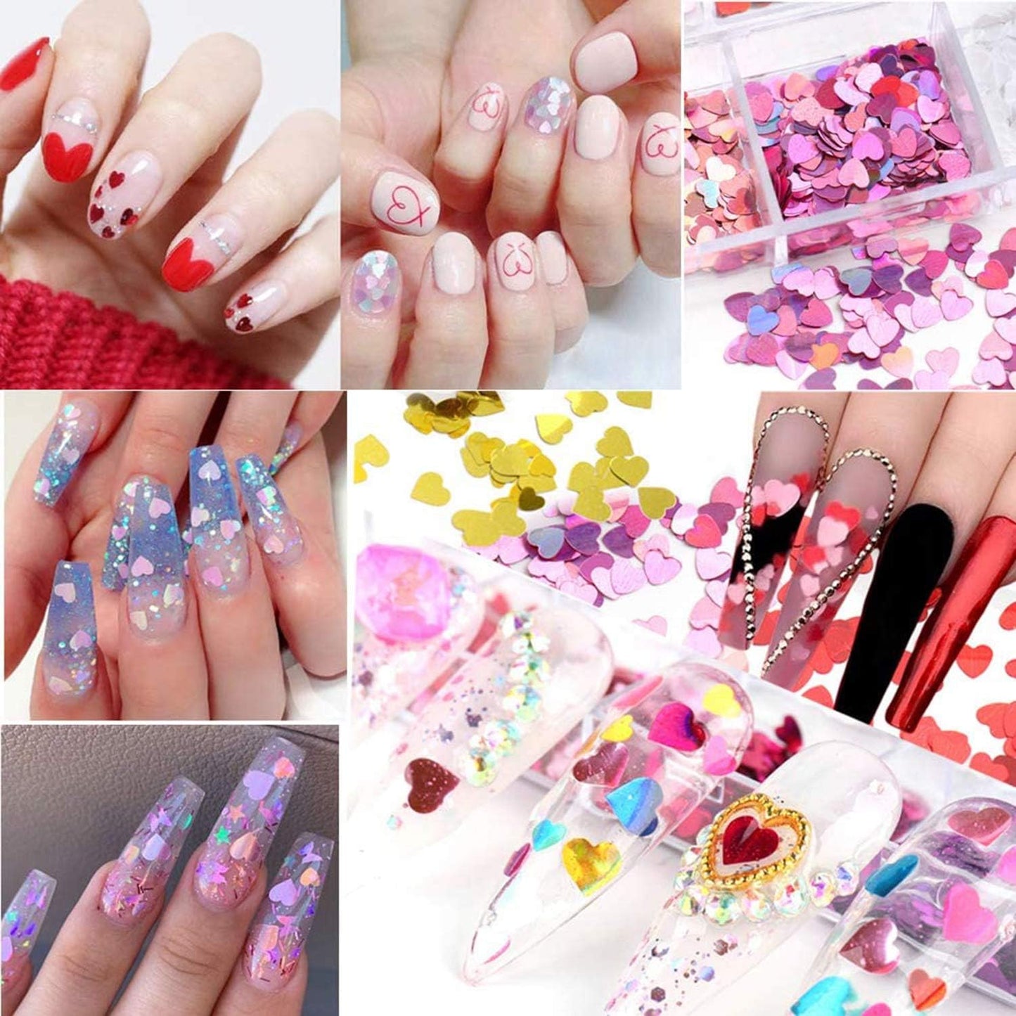 12 Colors Heart Holographic Nail Glitter Sequin Accessories Colorful 3D Heart Nail Flakes Powder UV Gel Polish Acrylic Design for Women Girls Manicure Tips False Nails Supplies Kit Decorations