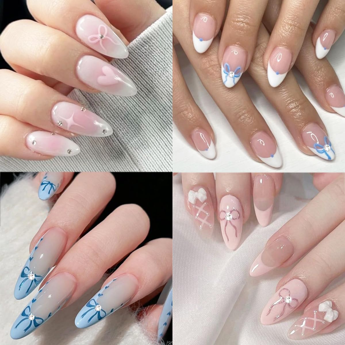 4 Sheets Bow Nail Stickers for Nail Art 5D Self-Adhesive Bow-Knot Nail Decoration Pink Blue Bows Nail Art Stickers with Crystal Diamond Embossed Rhinestones Nail Decals for Women Girls Nail Design