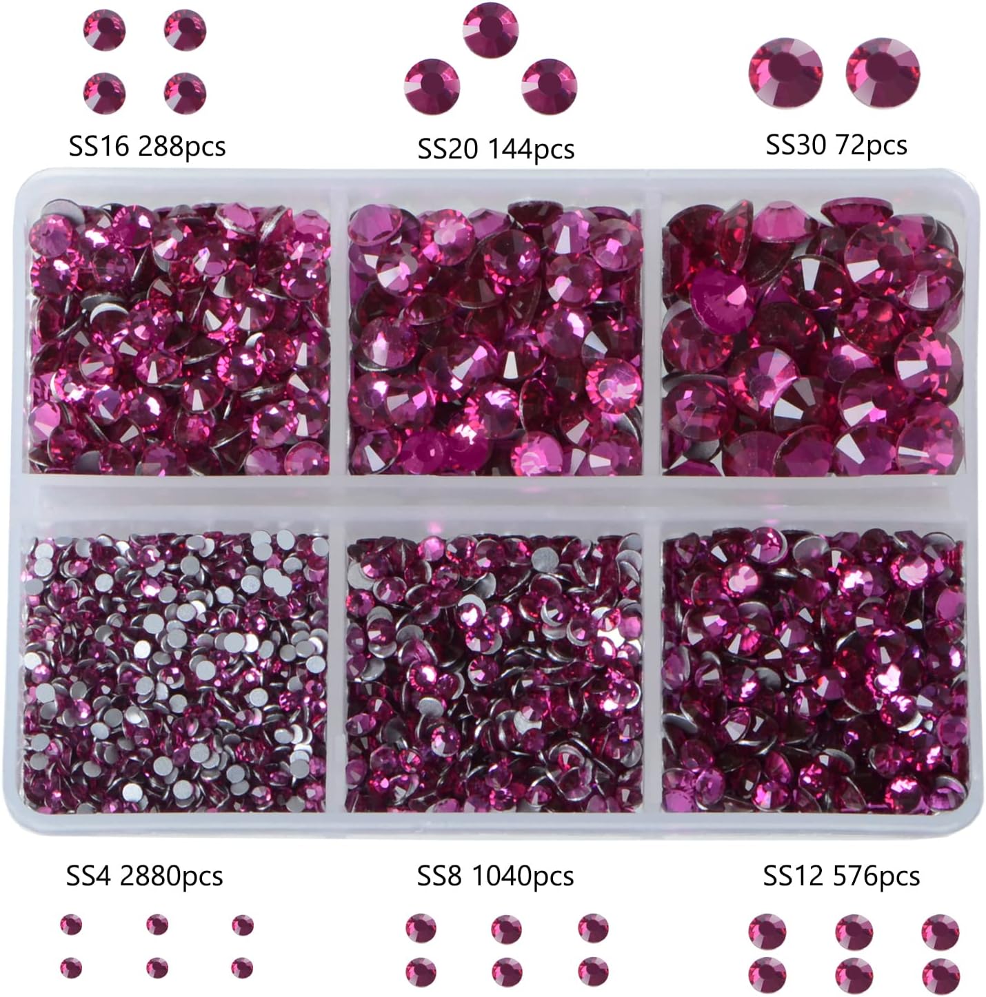 Bymitel 5000 Pieces 6 Mixed Sizes Glue Fix on Glass Rhinestones Round Crystal Gems Flatback for DIY Jewelry Making with one Picking Pen(6-Sizes 5000PCS, Fuchsia)