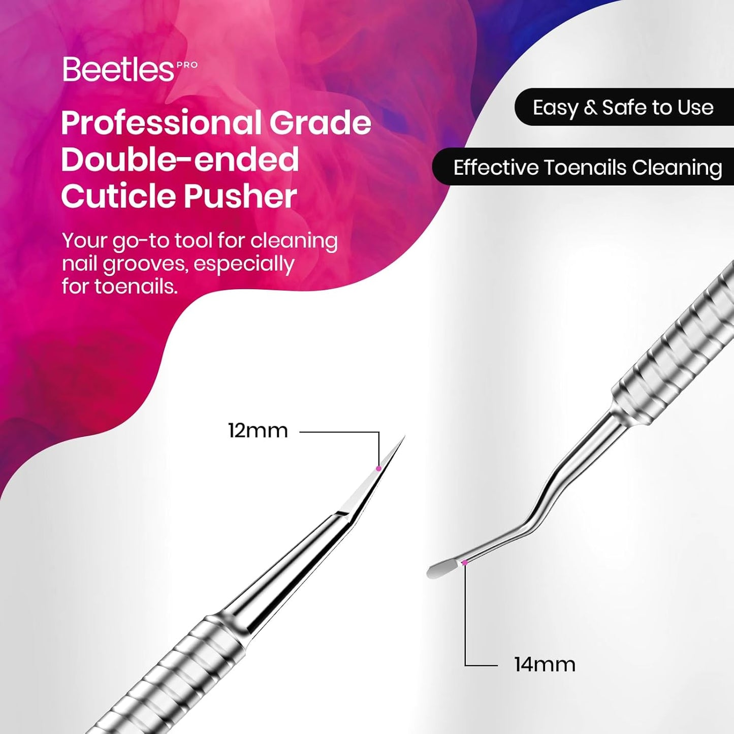 Dual-Ended Cuticle Pusher, Stainless Steel Pointed Tip (12mm) and Cuticle Scoop (14mm) for Precise Cuticle Care, Ergonomic Anti-Slip Handle, Professional Manicure Tool for Nail Care