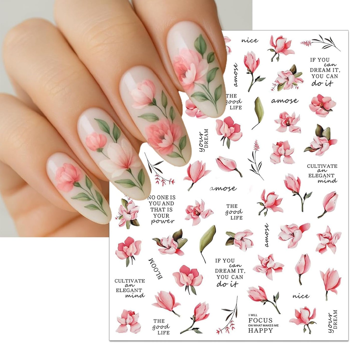 Peony Flower Nail Art Stickers - Pink Floral Leaf Self-Adhesive 3D Nail Decals for DIY Spring Summer Manicure (6 Sheets)